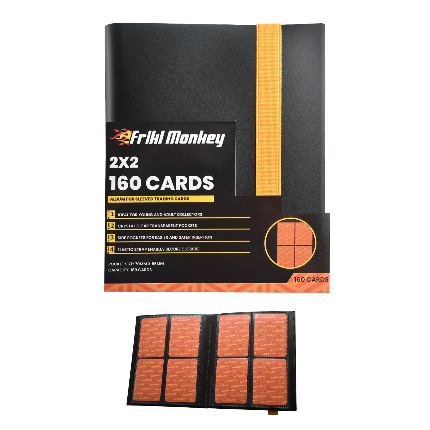 TCG Card Album – 160 Cards – 4-Pocket Pages (2×2) – Side-Loading Binder with Elastic Closure – PVC-Free