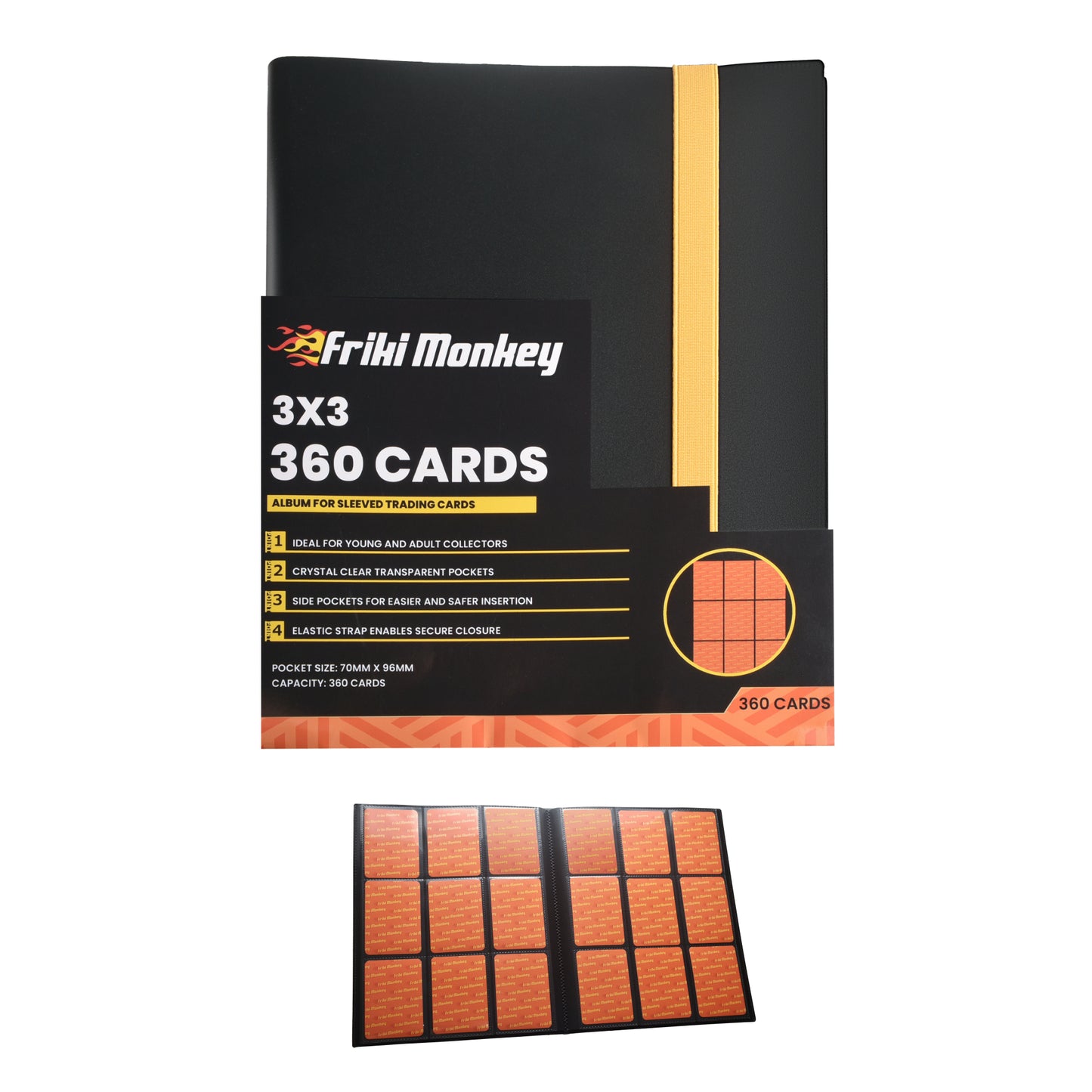 TCG Card Album – 360 Cards – 9-Pocket Pages (3×3 Layout) – Side-Loading Binder with Elastic Strap
