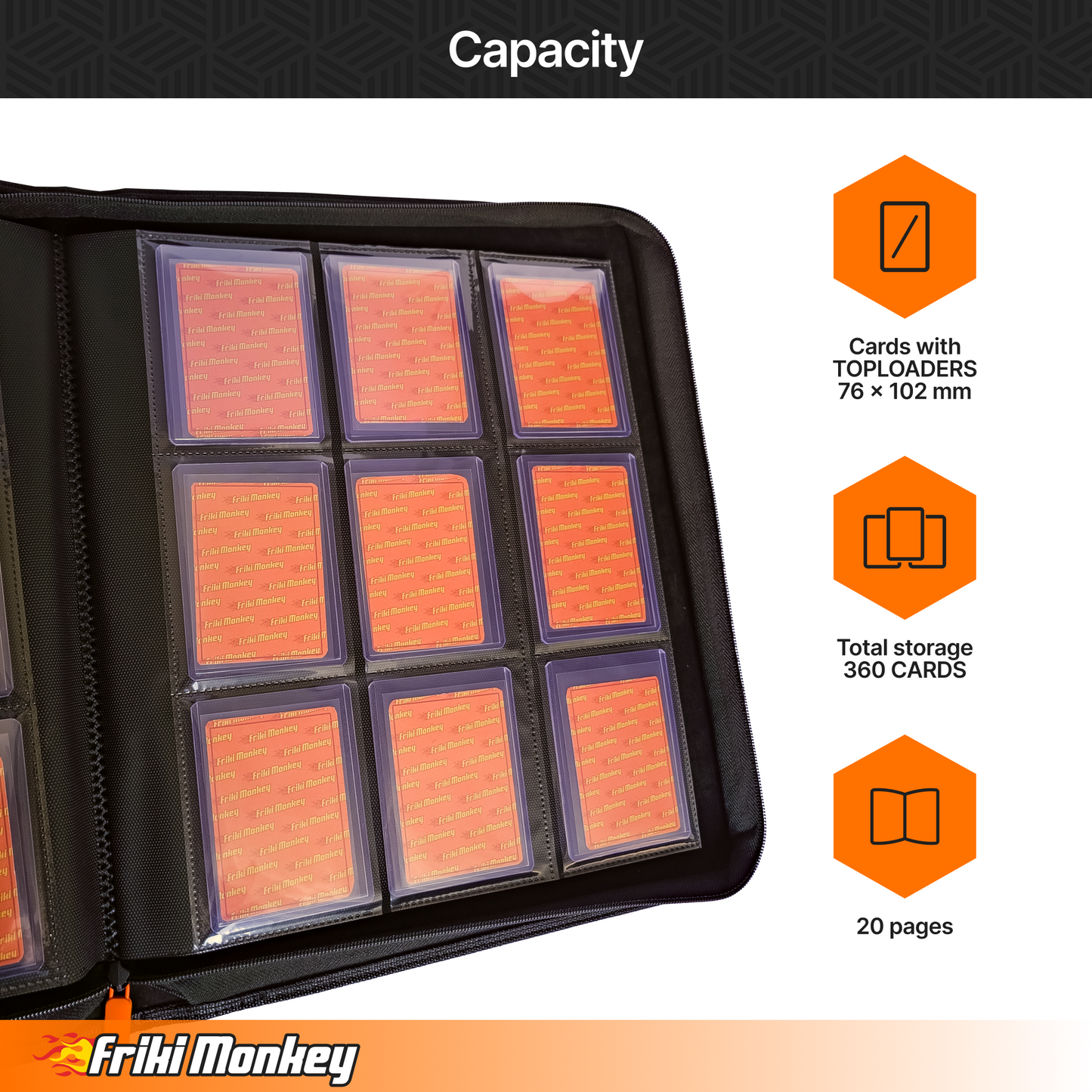 Toploader-Album 3×3 – Kapazität für 360 Toploader mit Reißverschluss | Friki Monkey